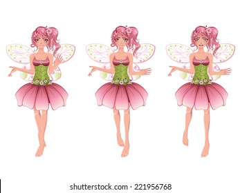 Cute cartoon fairy with pink hair in floral dress illustration.