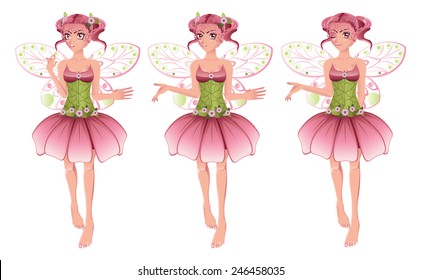 Cute cartoon fairy with pink hair in floral dress with wings.
