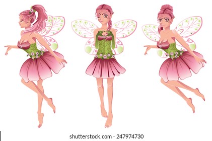 Cute cartoon fairy with pink hair in floral dress with wings.