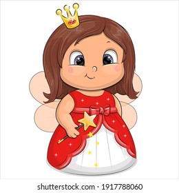 Cute cartoon fairy princess in a red dress. Vector illustration of a girl on a white background.