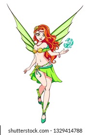 Cute cartoon fairy with red hair and green wings. Hand drawn vector illustration. Can be used for games, children books, cards, etc. 