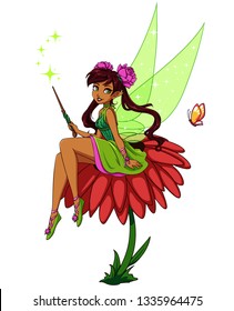 Cute cartoon fairy sitting on flower. Girl with brown ponytails wearing green dress. Hand drawn vector illustration. Isolated on white background. Can be used for children mobile games, books etc.