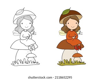 Cute cartoon fairy sitting on a mushroom . Elves princesses with wings. little girl. Illustration for coloring books. Monochrome and colored versions. Worksheet for children and adults