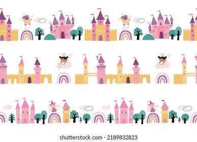 Cute cartoon Fairy - vector print. You are Magical. Cute Scandinavian little fairy print. Seamless pattern with fairy baby character, castle