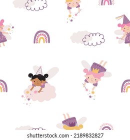 Cute cartoon Fairy - vector print. You are Magical. Cute Scandinavian little fairy print. Seamless pattern with fairy baby character, castle