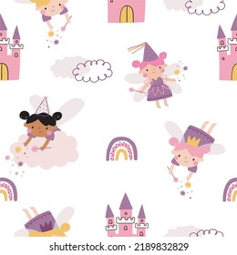 Cute cartoon Fairy - vector print. You are Magical. Cute Scandinavian little fairy print. Seamless pattern with fairy baby character, castle