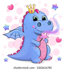 Cute cartoon fairytale dragon with a crown and a magic wand. Vector illustration of an animal on a pink background.