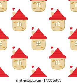 Cute cartoon fairytale houses and hearts vector seamless pattern background.
