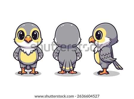 Cute Cartoon Falcon Character Set - Front, Back, and Side View for Animation and Mascot. Vector illustraton