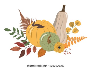 Cute cartoon fall floral bouquet with colorful pumpkins, flowers, and forest leaves. Isolated on white background. Seasonal harvest illustration