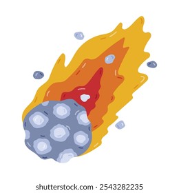 Netter Cartoon fällt Asteroid in Flamme. Brennender Komet, Meteor, Himmelskörper im kindlichen Stil. Handgezeichneter Clipart von Weltraum-Meteorit mit Feuer und Steinen einzeln auf weißem Hintergrund