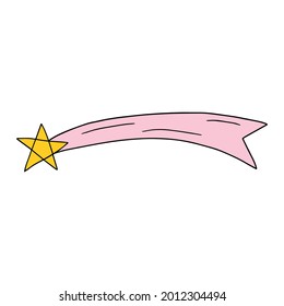 Cute cartoon falling star in doodle style isolated on white background.  Celestial shape, comet logo, icon.