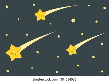 cute cartoon falling stars in the dark night vector background illustration