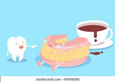 cute cartoon false tooth with decay on the blur background