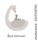 Cute cartoon family. Beautiful white swan and nestling. Hand drawn children