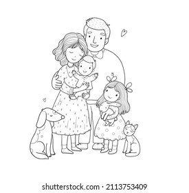 Cute cartoon family and a cat with a dog. Mom, dad and kids. Happy people. Illustration for coloring book