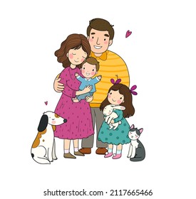 Cute cartoon family and a cat with a dog. Mom, dad and kids. Happy people. 