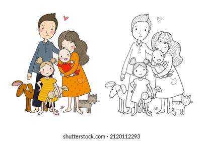 Cute cartoon family and a cat with a dog. Mom, dad and kids. Happy people. Illustration for coloring books. Monochrome and colored versions.