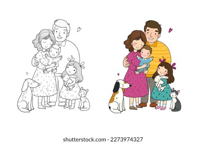 Una familia de dibujos animados y un gato con un perro. Mamá, papá e hijos. Gente feliz. Ilustración para colorear libros. Versiones monocromas y coloreadas. Vector