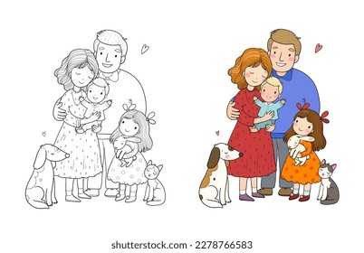 Cute cartoon family and a cat with a dog. Mom, dad and kids. Happy people. Illustration for coloring books. Monochrome and colored versions. Vector