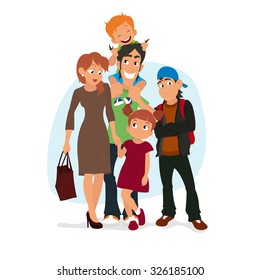 cute cartoon family in colorful casual clothes. big happy family. vector illustration. happy family,  family home,  family fun,  people,  family tree,  family portrait,  kids
