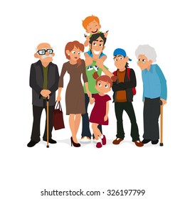 cute cartoon family in colorful casual clothes. big happy family. vector illustration. Big family portrait. Mom and Dad, grandparents, children.
