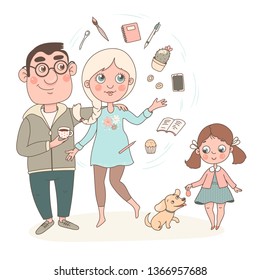 Cute cartoon family consisting of mother, father, daughter and dog. Mom does a lot of things at the same time, things spin around her. Isolated vector image on white background.