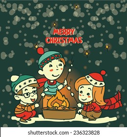 cute cartoon family cooking marshmallow, Christmas outdoor party, unusual merry Christmas greeting card, vector illustration