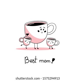Cute cartoon family of cups of coffee. Mom and children. Vector illustration in hand drawn style.