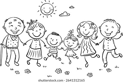 Cute cartoon family jumping together. Outline illustration