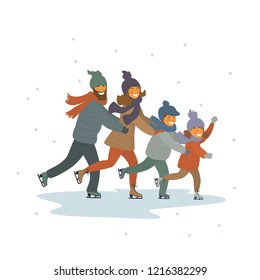 cute cartoon family, kids and parents ice figure skating together on ice rink isolated vector illustration scene