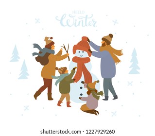 Cute Cartoon Family Making A Snowman Outdoors, Winter Isolated Vector Illustration Scene