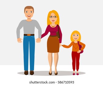 Cute cartoon family. Mother, father and daughter schoolgirl. Vector set illustrations of full body detailed characters in a flat style
