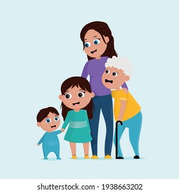 Cute Cartoon Family With Mother Grandmother Sister And Baby Brother