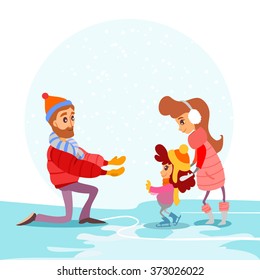 Cute cartoon family on ice rink in winter. Father,mother and little girl skating for her first time. Vector illustration