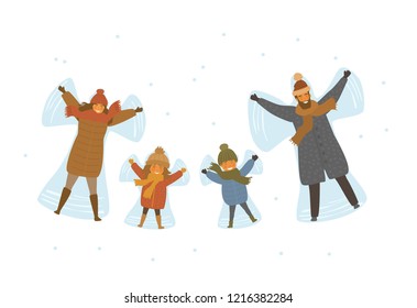 cute cartoon family, parents and children making snow angel in snow isolated vector illustration scene