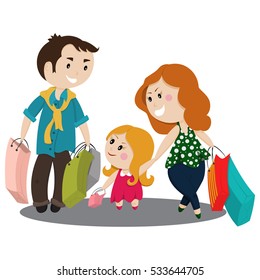 Cute cartoon family shopping. Mother, father and their baby with bags. Vector illustration on white background.