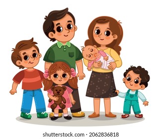 Cute Cartoon Family Of Six With Mum Dad And For Kids. Vector Illustration.