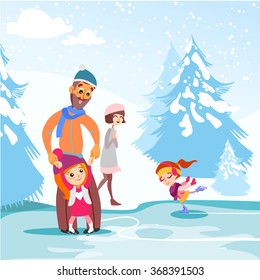 Cute cartoon family skating together on ice rink in winter garden.Father,mother and two little girls.Vector illustration