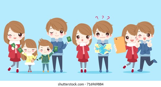 cute cartoon family with travel concept on the blue background