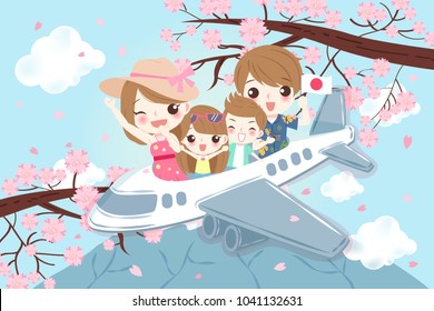 cute cartoon family travel happily in the japan