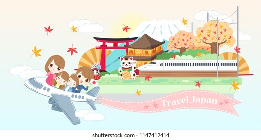 cute cartoon family travel happily in the japan