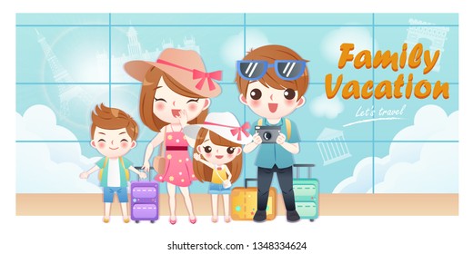 cute cartoon family travel happily with suitcase