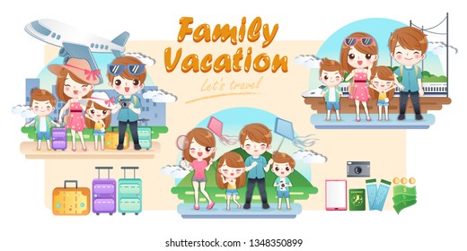 cute cartoon family travel happily on summer vacation