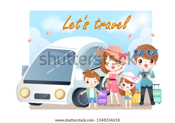 cute cartoon family\
travel happily by car