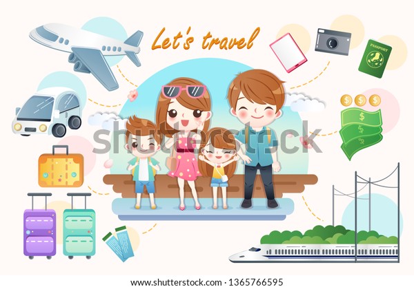 cute cartoon\
family travel happily on\
vacation