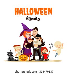 Cute cartoon family in various halloween costumes celebrating happy halloween. Vector illustration with cartoon characters isolated on white