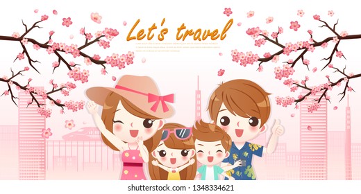 cute cartoon family view cherry blossom happily