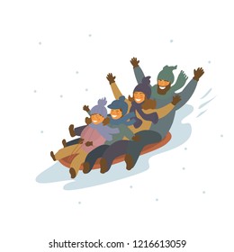 cute cartoon family winter sledding downhill together isolated vector illustration scene