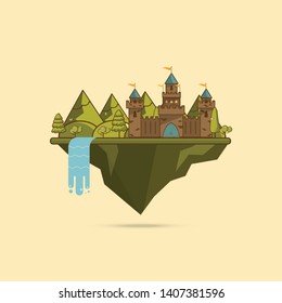 Cute cartoon fantasy fairytale castle in a landscape of a rolling hills vector Illustration